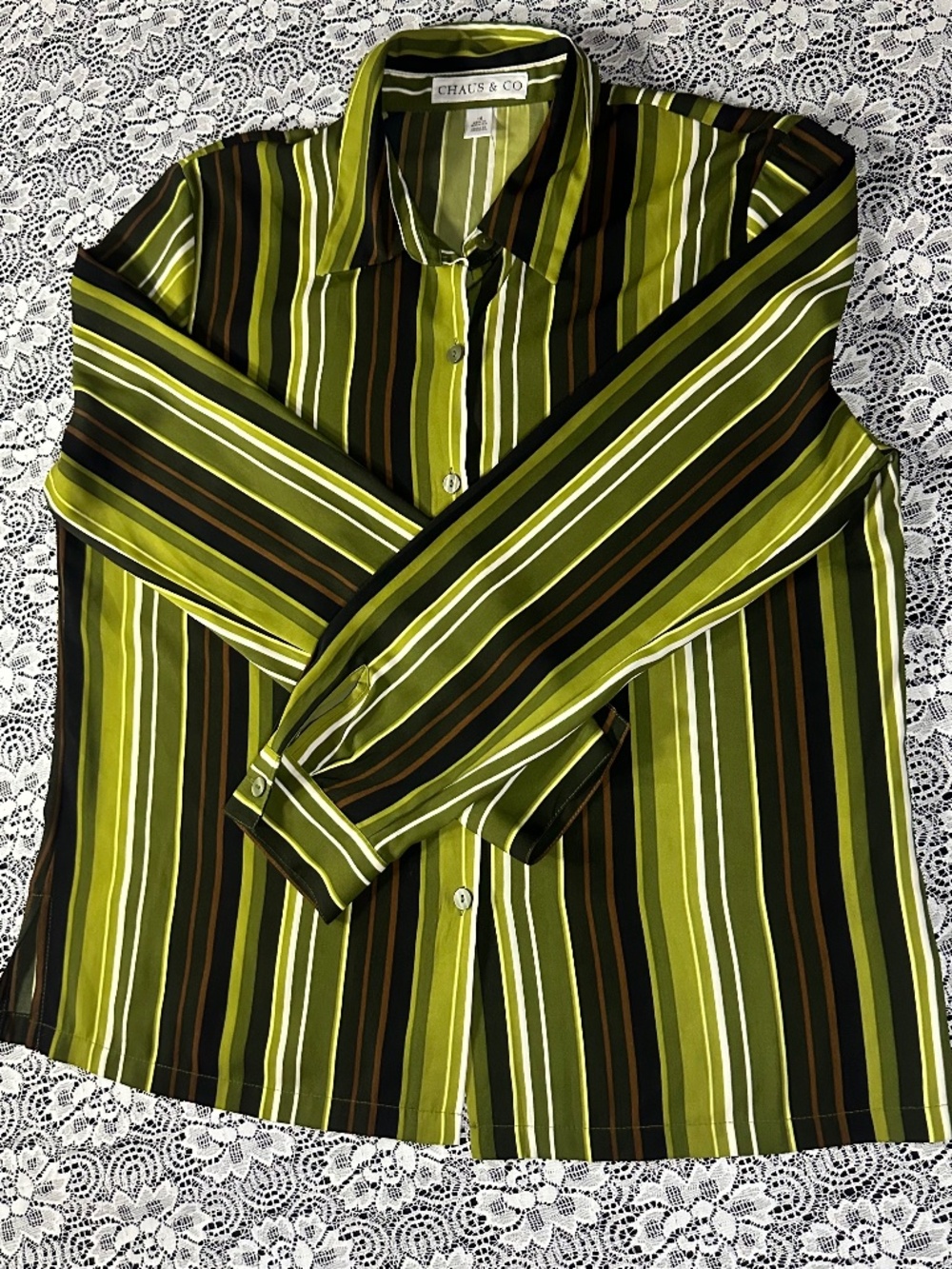 Vintage Chaus & Co Green Striped Button Up Blouse Top-Size 14